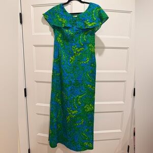 Vintage Tiki/Hawaiian Green and Blue Floral Dress